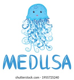 Funny jellyfish hand drawn and signed title. Cute marine life, Scandinavian style, detailed.