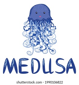 Funny jellyfish hand drawn and signed title. Cute marine life, Scandinavian style, detailed.