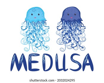 Funny jellyfish hand drawn and signed title. Cute marine life, Scandinavian style, detailed.