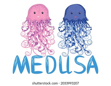 Funny jellyfish hand drawn and signed title. Cute marine life, Scandinavian style, detailed.