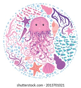 Funny jellyfish hand-drawn among seashells, algae, fish. Cute marine life, Scandinavian style, detailed.