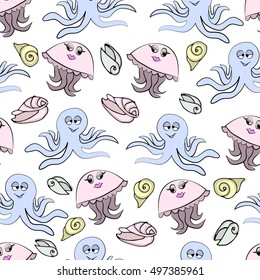 Funny jellyfish, octopus and seashells on white background. Seamless pattern.