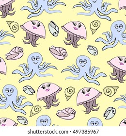 Funny jellyfish, octopus and seashells on yellow background. Seamless pattern.