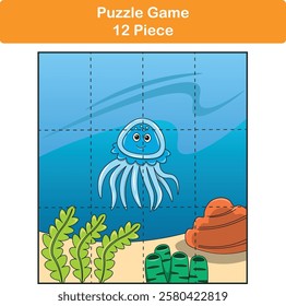 Funny jellyfish. Puzzle games for kids. 12 piece. Child education. Vector illustration