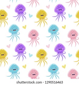 Funny jellyfish seamless pattern. Cute flat cartoon character, vector illustration. 