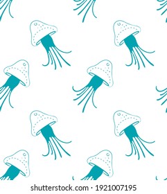 Funny jellyfish. Seamless pattern with a flock of blue jellyfish. Hand-drawn vector stock illustration.