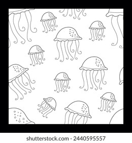Funny Jellyfish Seamless Pattern. Outline Doodle Background, Ocean and Sea concept, Nautical Life, Underwater. Hand drawn Vector Black and White Illustration, Template for Print, Textile, Wrapping.
