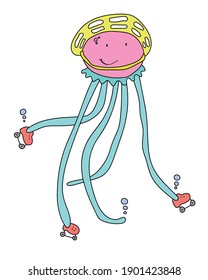 Funny jellyfish skating wearing helmet. Sport at summer time concept