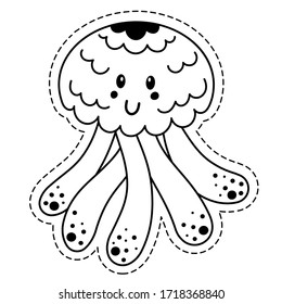 Funny jellyfish sticker. Children's character to use as a design element, sticker. Vector outline illustration isolated on a white background.