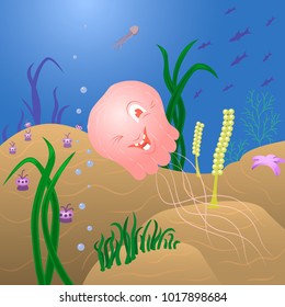 Funny Jellyfish underwater near seaweeds. Jellyfish smiles in deep ocean for your artwork