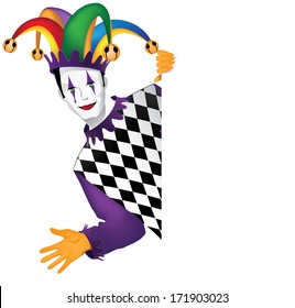 Funny Jester Behind Whiteboard. EPS 10 vector, grouped for easy editing. No open shapes or paths.