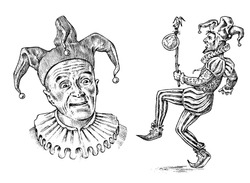 Funny Jester In Fool's Cap. Clown In Costume. Comedian Character. Vintage Engraved Illustration. Monochrome Style.
