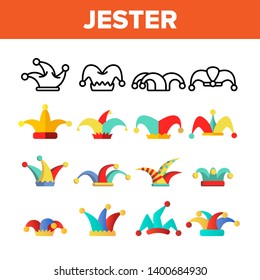 Funny Jester Hat Linear Vector Icons Set. Jester, Clown Caps with Bells Thin Line Contour Symbols Pack. Harlequin Costume Pictograms Collection. Circus, Medieval Carnival Flat Illustrations