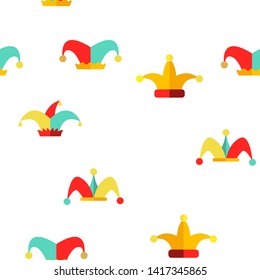 Funny Jester Hat Linear Vector Icons Seamless Pattern. Jester, Clown Caps with Bells Thin Line Contour Symbols Pack. Harlequin Costume Pictograms Collection. Circus, Medieval Carnival Illustrations