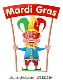 Funny jester holding Mardi gras banner. Cartoon styled vector illustration. Elements is grouped. On white background.