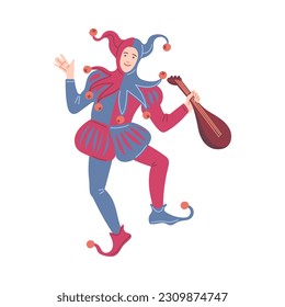 Funny jester with mandolin music instrument, cartoon flat vector illustration isolated on white background. Man in joker costume dancing. Historical medieval character. Carnival concept.