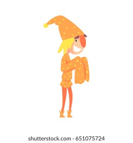 Funny jester in an orange medieval costume colorful cartoon character vector Illustration
