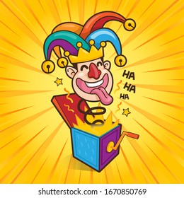 Funny jester. Surprise box. April fools day. 