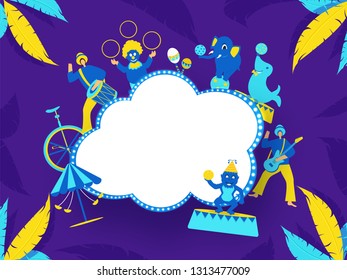 Funny jesters character with other carnival elements illustration and blank sticker for your message.