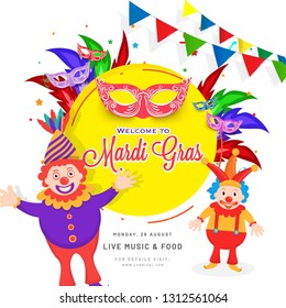 Funny jesters and other carnival elements illustration on white background for mardi gras template or poster design.