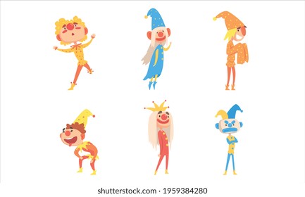 Funny Jesters Set, Comedians and Clowns Dressed Colorful Costumes Cartoon Vector Illustration