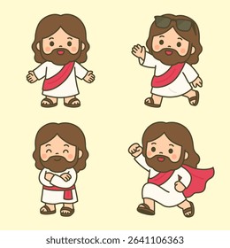 Funny Jesus Cartoon in Sunglasses and Superhero Cape with Joyful Action Poses