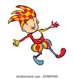 Funny joker celebrates fools day. Hand drawn vector cartoon illustration.