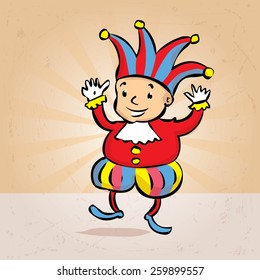 Funny joker celebrates fools day. Hand drawn vector cartoon illustration.