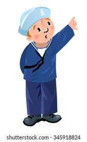 Funny jolly boy-sailor in vest and sailor hat shows up