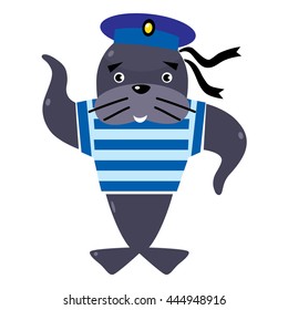 Funny jolly seal-sailor in vest and sailor hat. Children vector illustration