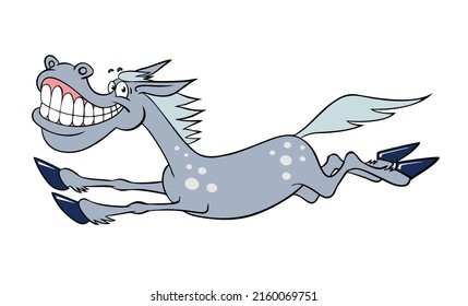 Funny joyful cartoon horse. A dappled gray cartoon horse gallops happily. Gray horse. Vector color image of a running horse. Illustration isolated on white.