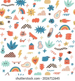Funny and joyful contemporary pattern with animals, trippy characters and raw shape objects.