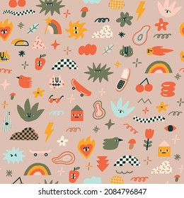 Funny and joyful contemporary pattern with animals, trippy characters and raw shape objects.