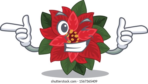 Funny joyful flower poinsettia Wink mascot cartoon style