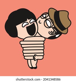 Funny Joyful Girl is Squeezing Her Boyfriend In A Hug With Long Hands Concept Card Character illustration