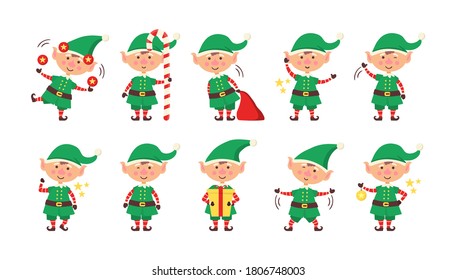 Funny and joyful helper santa sending holiday gift and decoration christmas tree. Smiling elf packing gifts. Collection of Christmas elves isolated on white background. Happy New Year. Vector.