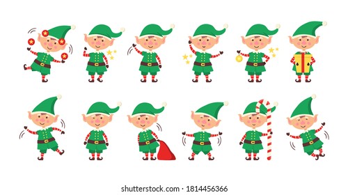 Funny and joyful helper santa sending holiday gift and decoration christmas tree. Smiling elf packing gifts. Collection of Christmas elves isolated on white background. Happy New Year. Vector.