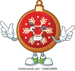 Funny joyful red christmas ball wink mascot cartoon style.
