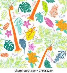 Funny joyful tropical seamless vector pattern. Palms, leaves, fruit, flowers, nuts. Cute diagonal colorful on white background. Text - Palm, Tropic, Relax.