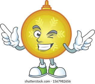 Funny joyful yellow christmas ball wink mascot cartoon style.