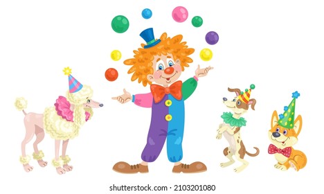 Funny juggler clown and cute circus dogs. In cartoon style. Isolated on white background. Vector illustration.