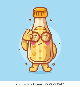 funny juice bottle character mascot with ok sign hand gesture isolated cartoon in flat style design