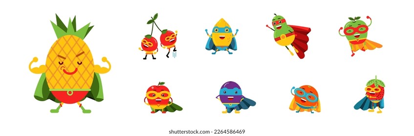 Funny Juicy Fruits in Superhero Cloak and Cape Vector Set