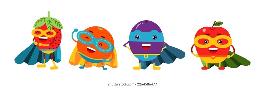 Funny Juicy Fruits in Superhero Cloak and Cape Vector Set