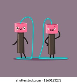 Funny jump rope cartoon character. Cute fitness couple sport equipment vector flat concept illustration isolated on background.