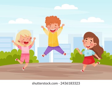 Funny Jumping Boy and Girl Character Having Fun Vector Illustration