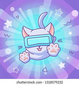 Funny jumping cat with VR headset. Vector illustration, cute character in a flat linear style. Vibrant background with rays and particles. Design concept for t-shirt, notebook cover etc.