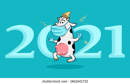 Funny jumping cow with thumbs up, celebrating 2021 Chinese new year. Cow symbol with mask and gloves, vector illustration