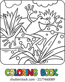 Funny jumping frog. Kids coloring book. Vector