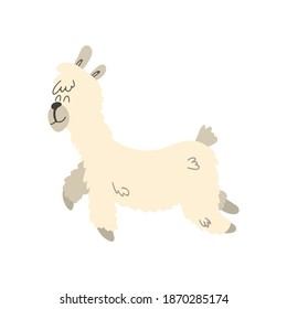 Funny jumping llama. Vector children's illustration in cartoon hand-drawn style for printing on children's clothing, interior design, packaging, stickers. Isolated on white
